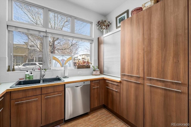 kitchen featuring sink, dishwasher, and light wood-type flooring