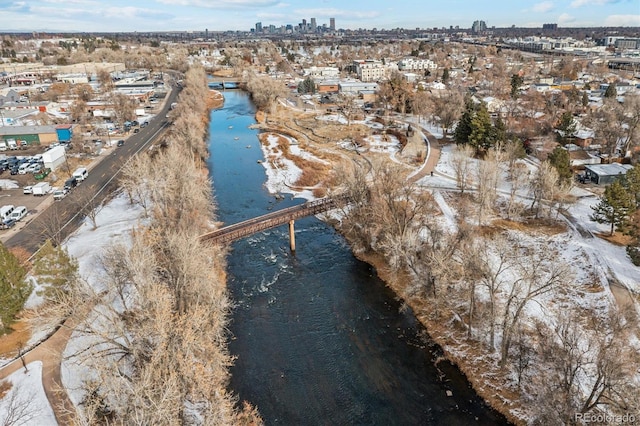 bird's eye view with a water view