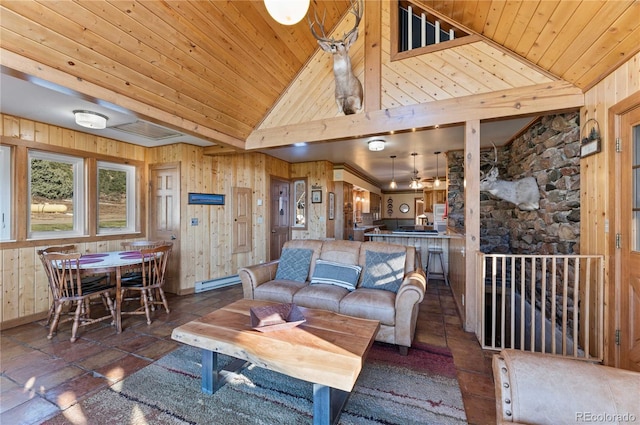 living room with wooden walls, ceiling fan, wooden ceiling, and high vaulted ceiling