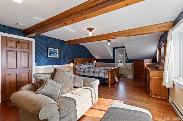 bedroom featuring lofted ceiling with beams, wood-type flooring, and a baseboard heating unit