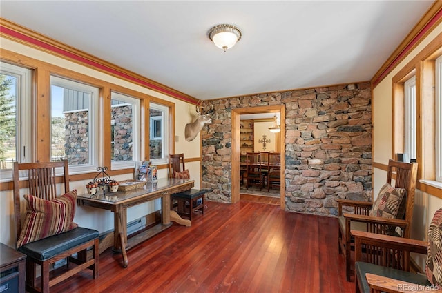 interior space with dark wood-type flooring and ornamental molding