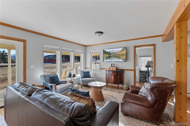 tiled living room with crown molding and a healthy amount of sunlight