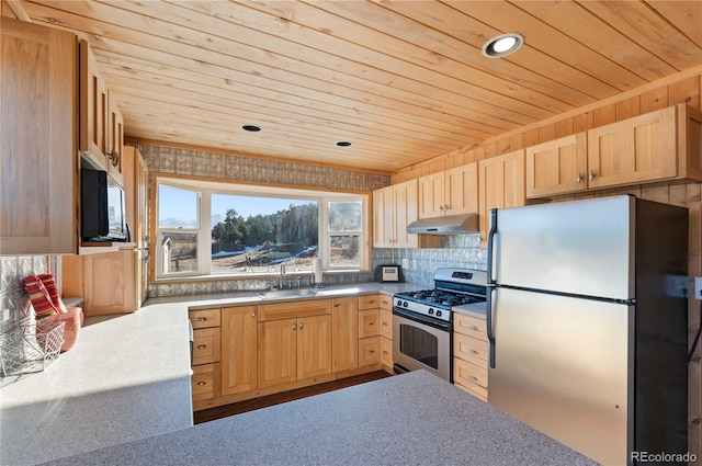 kitchen with sink, wood ceiling, stainless steel appliances, and light brown cabinetry