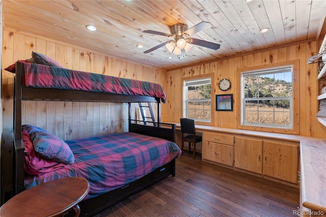 bedroom featuring ceiling fan, wooden ceiling, dark wood-type flooring, and wooden walls