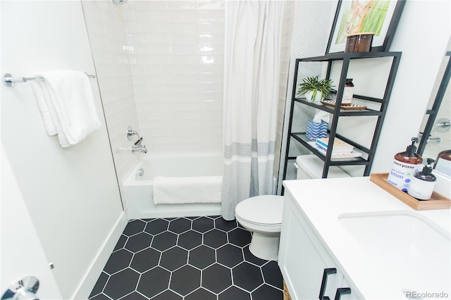 2876 W 53rd Ave Unit 106, Denver, CO 80221 - full bathroom featuring shower / bathtub combination with curtain, toilet, vanity, and tile patterned floors
