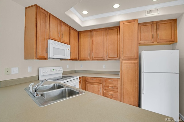 1801 S Dunkirk St Unit 108, Aurora, CO 80017 - kitchen featuring white appliances, ornamental molding, light countertops, recessed lighting, and brown cabinets