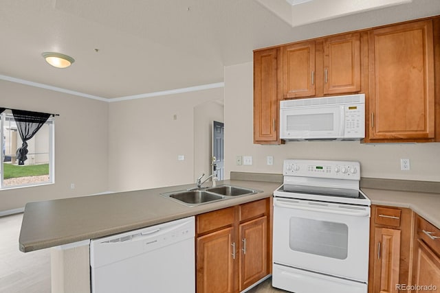 1801 S Dunkirk St Unit 108, Aurora, CO 80017 - kitchen with white appliances, a peninsula, crown molding, brown cabinetry, and light countertops