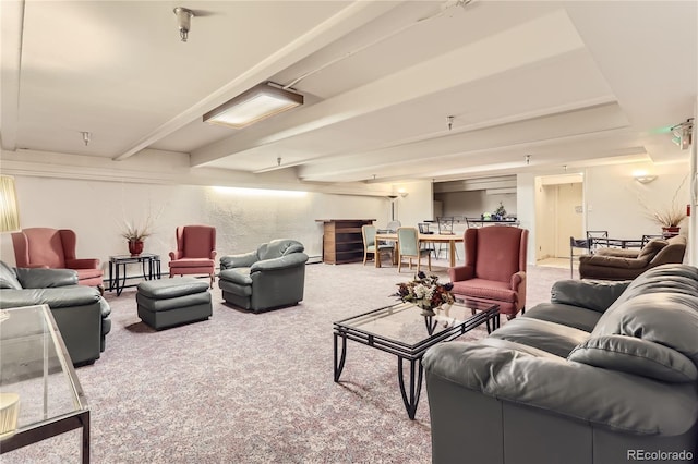 living room with beamed ceiling and carpet flooring