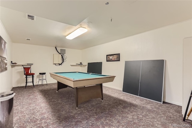 playroom with pool table and dark colored carpet