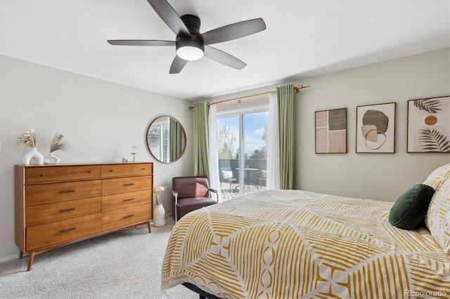 bedroom with carpet, ceiling fan, and access to exterior