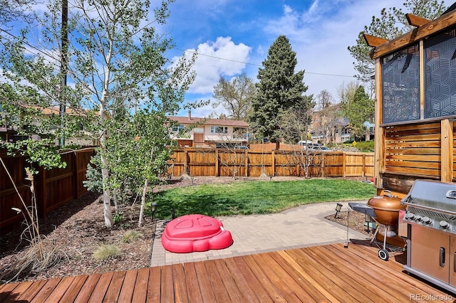 wooden deck with a lawn and a fenced backyard