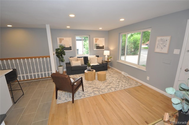 living room featuring dark wood-type flooring