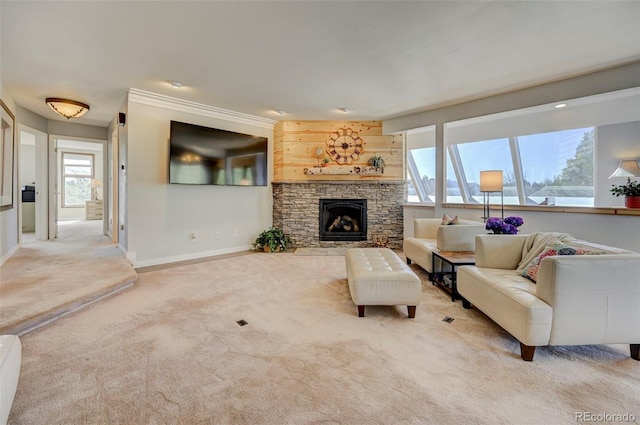 18045 Sunburst Dr, Monument, CO 80132 - carpeted living area with a stone fireplace and baseboards