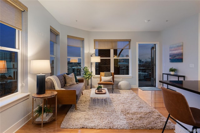 living area with baseboards and wood finished floors