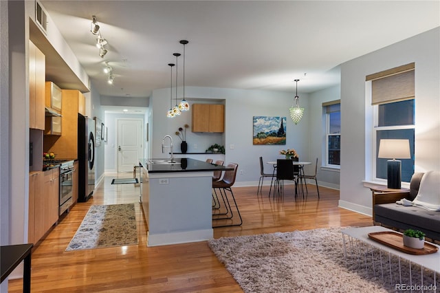 kitchen with a sink, high end stove, light wood-style floors, dark countertops, and fridge with ice dispenser