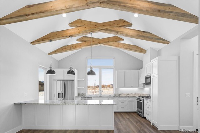 kitchen featuring pendant lighting, stainless steel appliances, white cabinetry, light stone countertops, and a peninsula