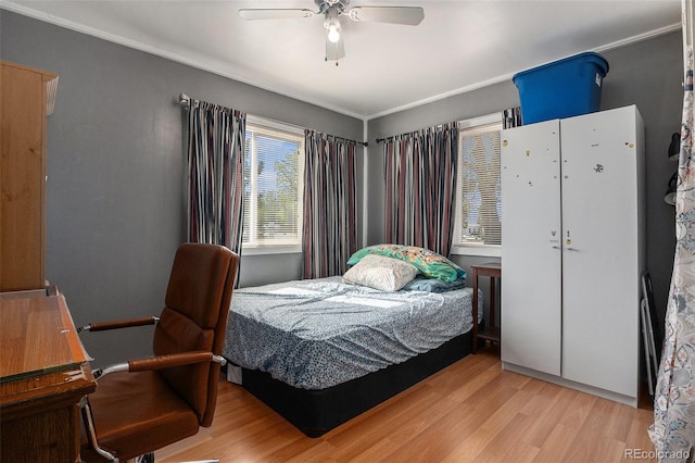1910 S King St, Denver, CO 80219 - bedroom with light wood-style floors, a ceiling fan, and crown molding