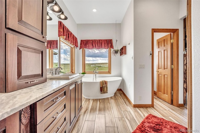 15125 Spring Valley Rd, Larkspur, CO 80118 - bathroom featuring a soaking tub, wood finished floors, vanity, and baseboards