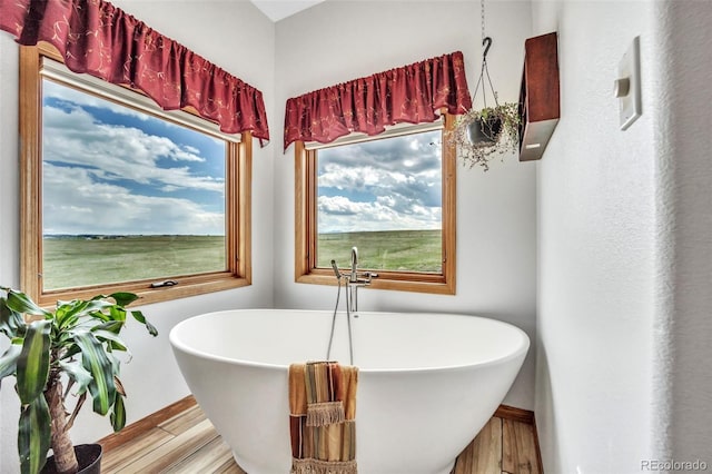 15125 Spring Valley Rd, Larkspur, CO 80118 - full bathroom featuring a soaking tub, wood finished floors, and baseboards