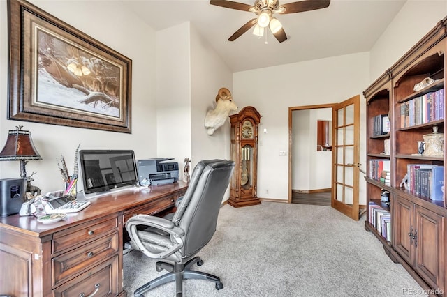15125 Spring Valley Rd, Larkspur, CO 80118 - office area with carpet floors, a ceiling fan, and baseboards