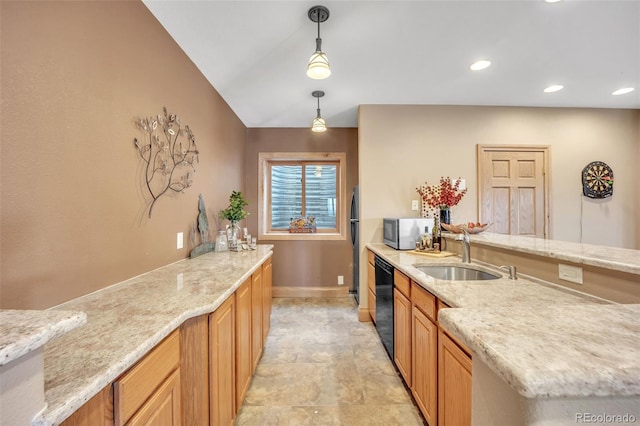 15125 Spring Valley Rd, Larkspur, CO 80118 - kitchen with a sink, stainless steel microwave, dishwasher, baseboards, and pendant lighting