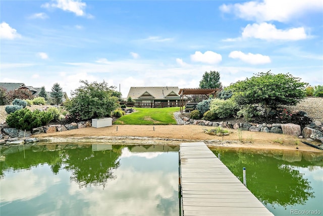 view of dock with a water view and a pergola