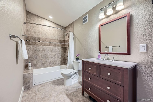 full bathroom featuring vanity, shower / tub combo, lofted ceiling, and toilet