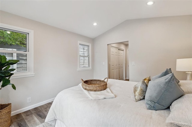 bedroom with multiple windows, hardwood / wood-style floors, and vaulted ceiling