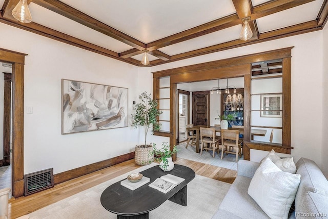 4818 Bryant St, Denver, CO 80221 - living area with wood finished floors, coffered ceiling, and beamed ceiling