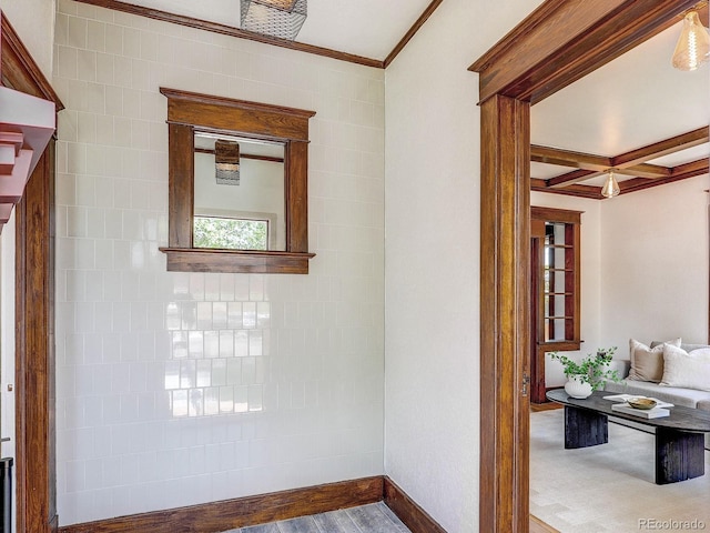 4818 Bryant St, Denver, CO 80221 - corridor featuring ornamental molding, wood finished floors, beam ceiling, and coffered ceiling
