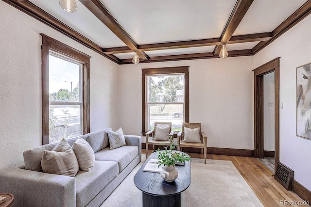 4818 Bryant St, Denver, CO 80221 - living room featuring light wood finished floors, coffered ceiling, and beam ceiling