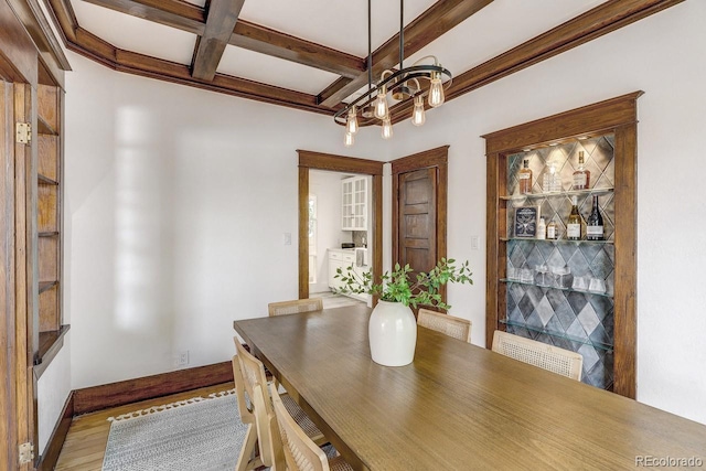 4818 Bryant St, Denver, CO 80221 - dining area featuring a chandelier, coffered ceiling, beam ceiling, and light wood-style flooring