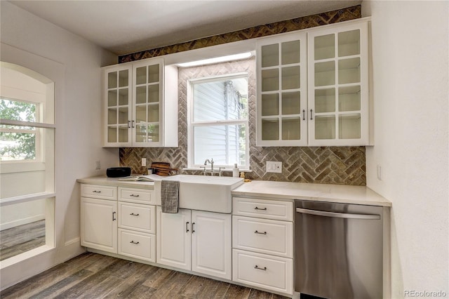 4818 Bryant St, Denver, CO 80221 - kitchen with stainless steel dishwasher, glass insert cabinets, dark wood-style flooring, and white cabinets