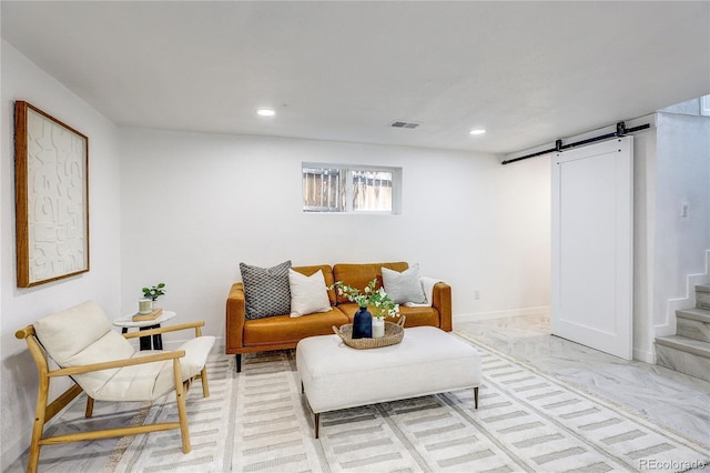 4818 Bryant St, Denver, CO 80221 - living area featuring a barn door, recessed lighting, and stairway