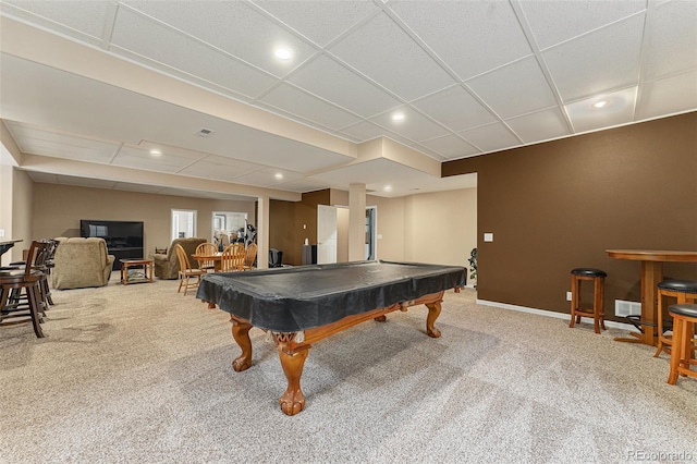 5289 Fairfield Cir, Castle Rock, CO 80104 - rec room featuring carpet flooring, pool table, recessed lighting, and a paneled ceiling