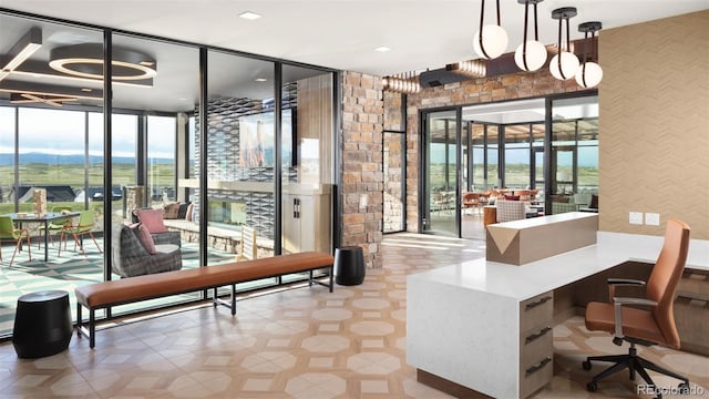 lobby with a wealth of natural light and a mountain view