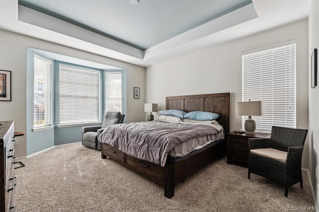 carpeted bedroom featuring a raised ceiling and baseboards