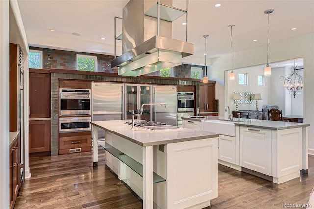 235 Eudora St, Denver, CO 80220 - kitchen featuring a spacious island, extractor fan, dark wood-type flooring, stainless steel appliances, and recessed lighting