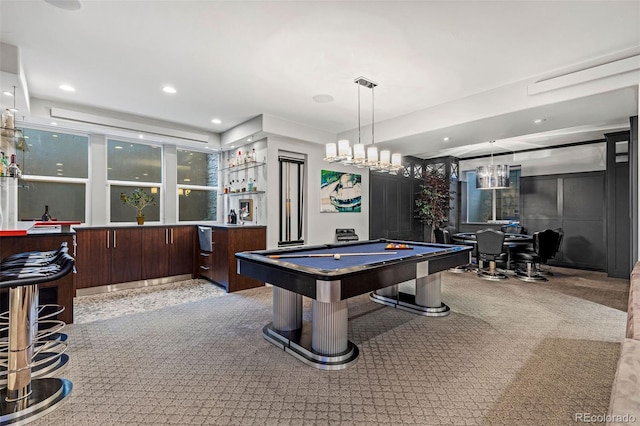 235 Eudora St, Denver, CO 80220 - game room featuring billiards table, a community bar, recessed lighting, and light colored carpet