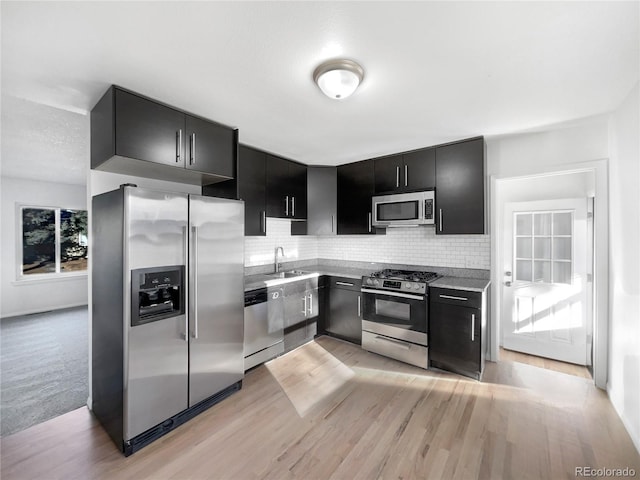 kitchen featuring decorative backsplash, sink, appliances with stainless steel finishes, and light hardwood / wood-style flooring