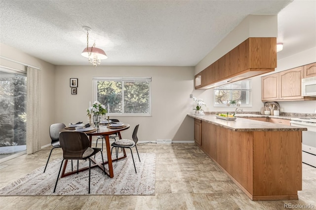 dining room with plenty of natural light, sink, and a textured ceiling