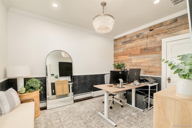 office area featuring ornamental molding, recessed lighting, visible vents, and an inviting chandelier