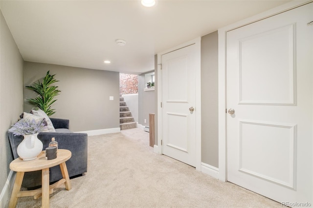 living area with stairs, carpet floors, recessed lighting, and baseboards