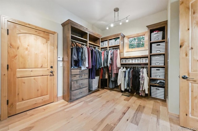 walk in closet with hardwood / wood-style flooring