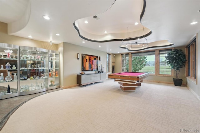 playroom featuring a raised ceiling, light carpet, and billiards