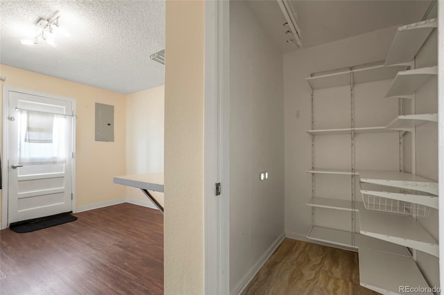 walk in closet with electric panel and wood-type flooring