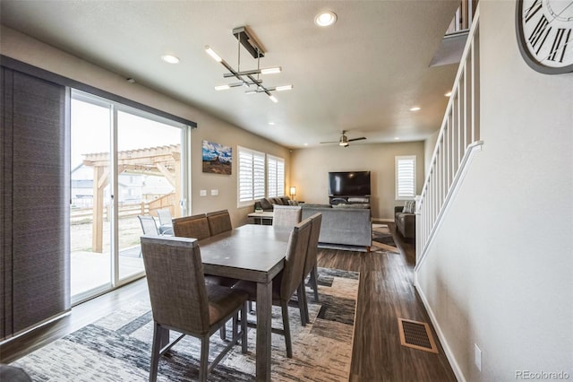 6954 E 117th Ave, Thornton, CO 80233 - dining room with dark wood finished floors, recessed lighting, a ceiling fan, and baseboards