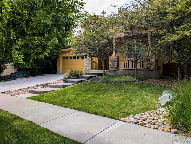 10247 Telluride Way, Commerce City, CO 80022 - view of property hidden behind natural elements with concrete driveway, a front lawn, stone siding, and a garage