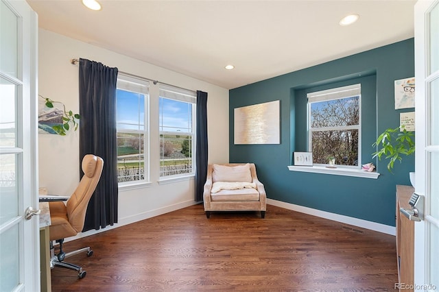 4464 E 139th Ave, Thornton, CO 80602 - office area with healthy amount of natural light, recessed lighting, dark wood-style flooring, and baseboards