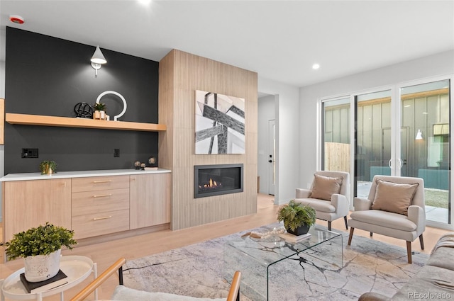 living room with light hardwood / wood-style floors, built in features, and a fireplace